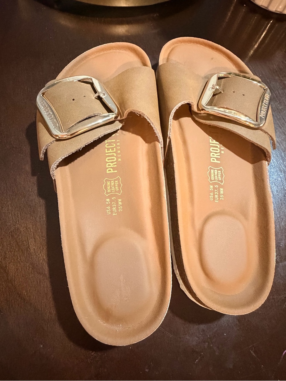 Tan Slide Sandals with Oversized Buckle